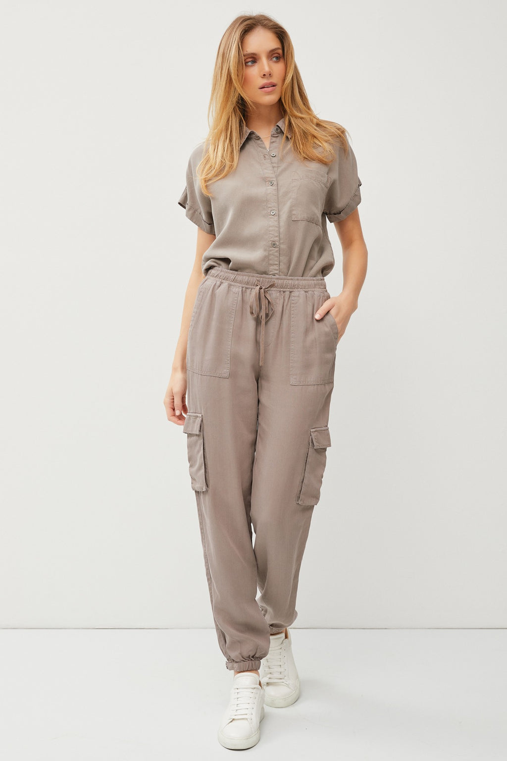 high waisted cargo joggers with drawstring and elastic wasit