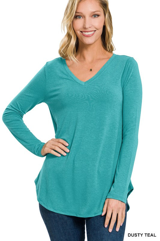 LONG SLEEVE V-NECK ROUND HEM TOP