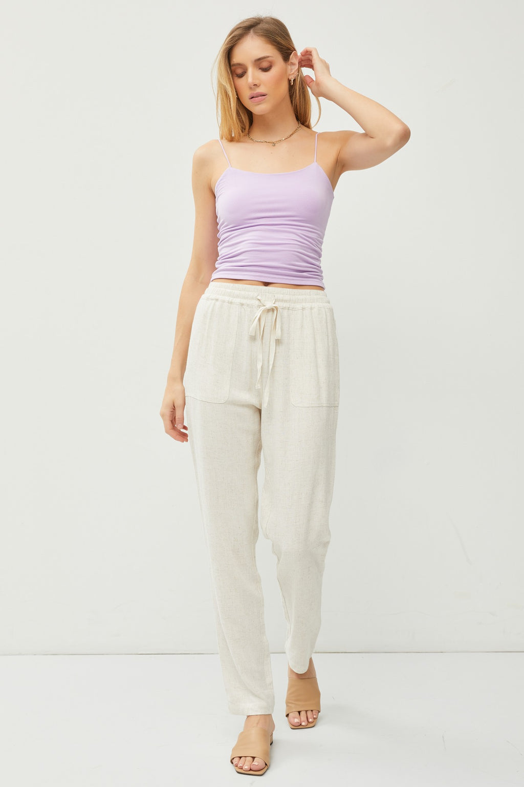 high waisted elastic drawstring linen pants with side pockets