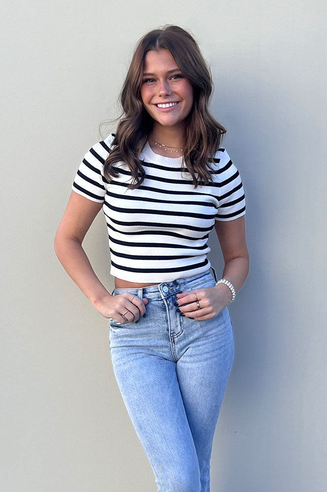 Slim fitting black and white stripped short sleeve crop top